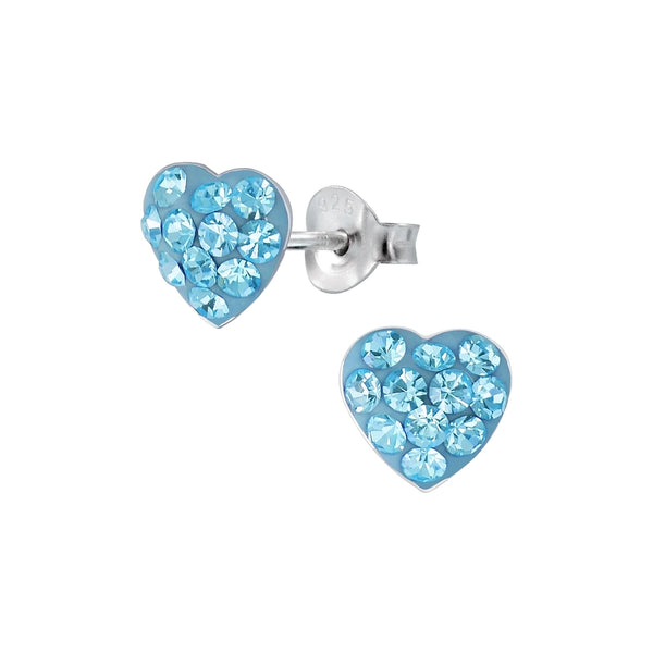 Children's Sterling Silver 'Aqua Blue Dazzle Crystal Heart' Stud Earrings