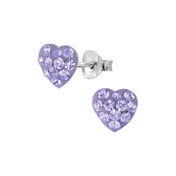 Children's Sterling Silver 'Violet Purple Dazzle Crystal Heart' Stud Earrings