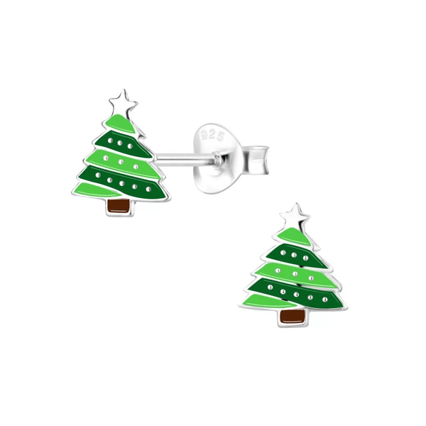 Children's Sterling Silver Green Christmas Tree Stud Earrings