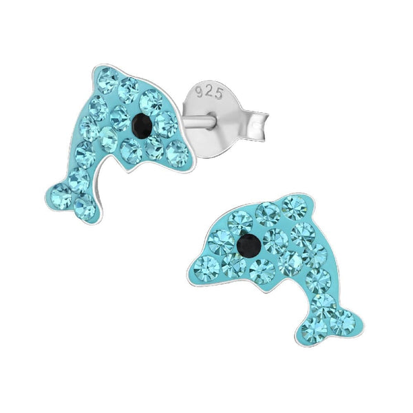 Children's Sterling Silver 'Aqua Blue Sparkle Dolphin' Crystal Stud Earrings