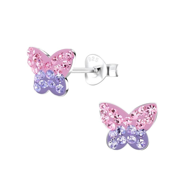 Children's Sterling Silver 'Pink and Purple Sparkle Butterfly' Crystal Stud Earrings