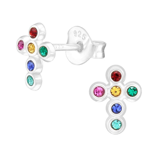 Children's Sterling Silver 'Colourful Crystal Cross' Stud Earrings