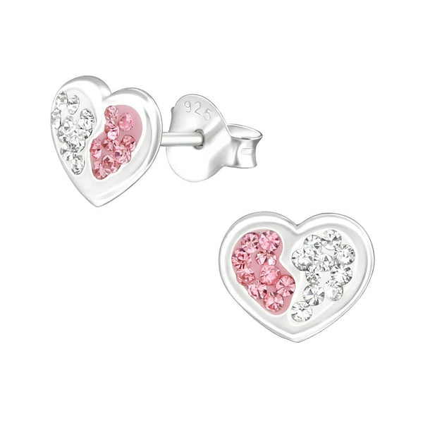 Children's Sterling Silver 'Pink and Clear Crystal Heart' Stud Earrings