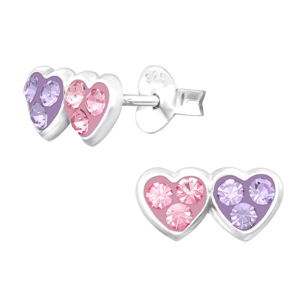 Children's Sterling Silver 'Pink and Purple Double Crystal Heart' Stud Earrings