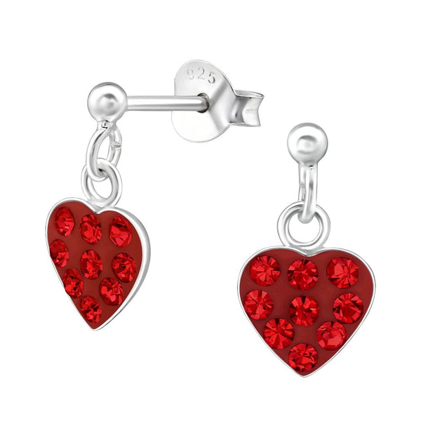 Children's Sterling Silver 'Red Crystal Drop Heart' Stud Earrings