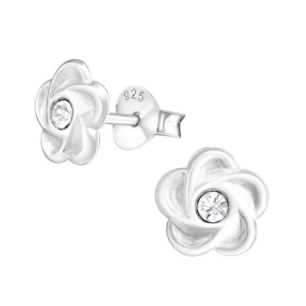 Children's Sterling Silver 'Swirl Flower with Clear Crystal' Stud Earrings