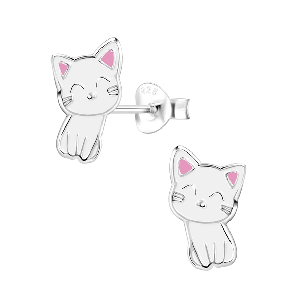 Children's Sterling Silver 'Cute White Cat' Stud Earrings