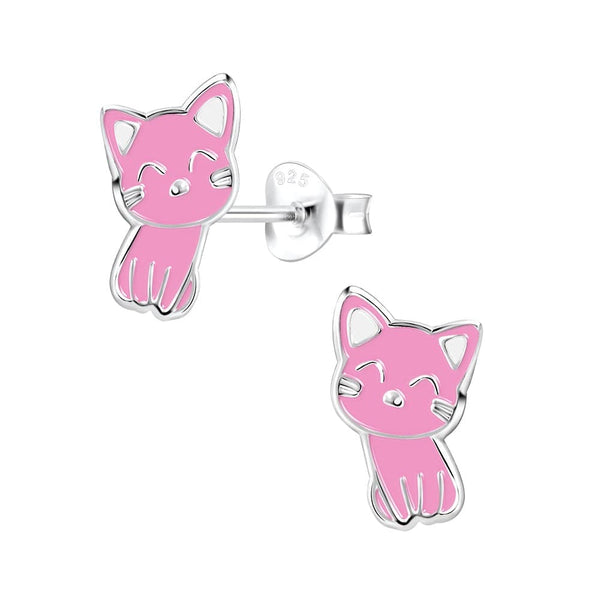 Children's Sterling Silver 'Cute Pink Cat' Stud Earrings