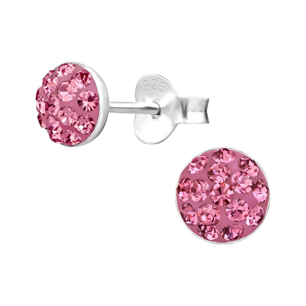 Children's Sterling Silver Round Stud Earrings with Rose Pink Diamante Crystals