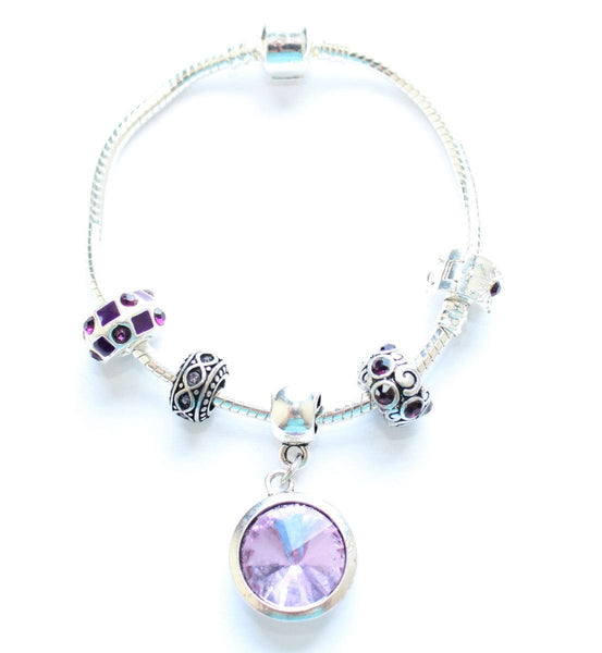 Teenager's 'June Birthstone' Amethyst Coloured Crystal Silver Plated Charm Bead Bracelet