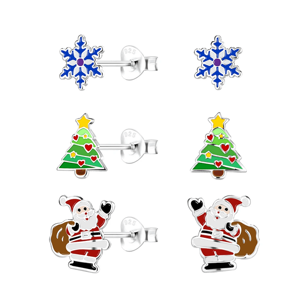 Children's Sterling Silver Set of 3 Pairs of Christmas Cheer Themed Stud Earrings