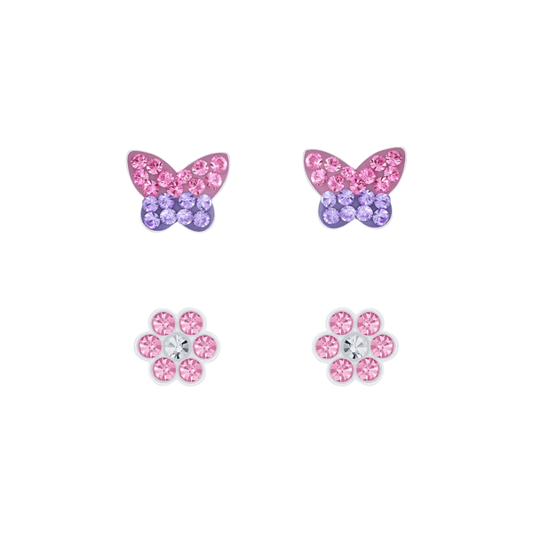 Children's Sterling Silver Set of 2 Pairs of Sparkle Butterfly and Sparkle Flower Stud Earrings