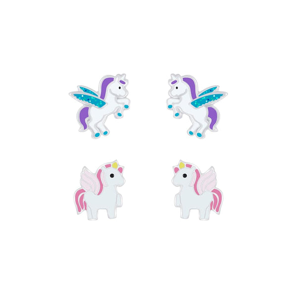 Children's Sterling Silver Set of 2 Pairs of Purple and Pink Flying Unicorn Stud Earrings