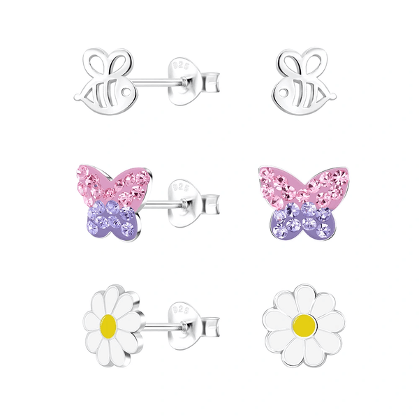 Children's Sterling Silver Set of 3 Pairs of Nature Themed Stud Earrings
