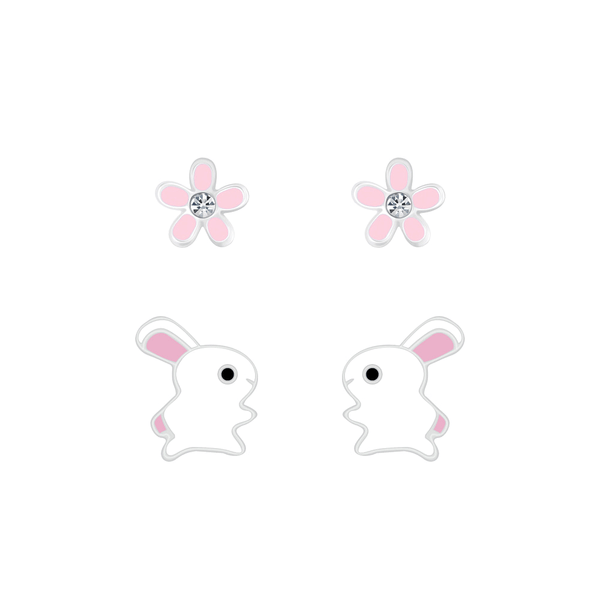 Children's Sterling Silver Set of 2 Pairs of Bunny Rabbit and Flower Stud Earrings