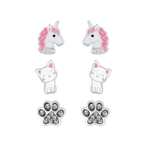 Children's Sterling Silver Set of 3 Pairs of Animal Themed Stud Earrings