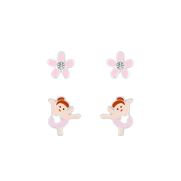 Children's Sterling Silver Set of 2 Pairs of Ballerina and Flower Stud Earrings