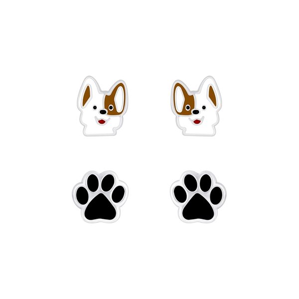 Children's Sterling Silver Set of 2 Pairs of 'Dogs Rule!' Stud Earrings