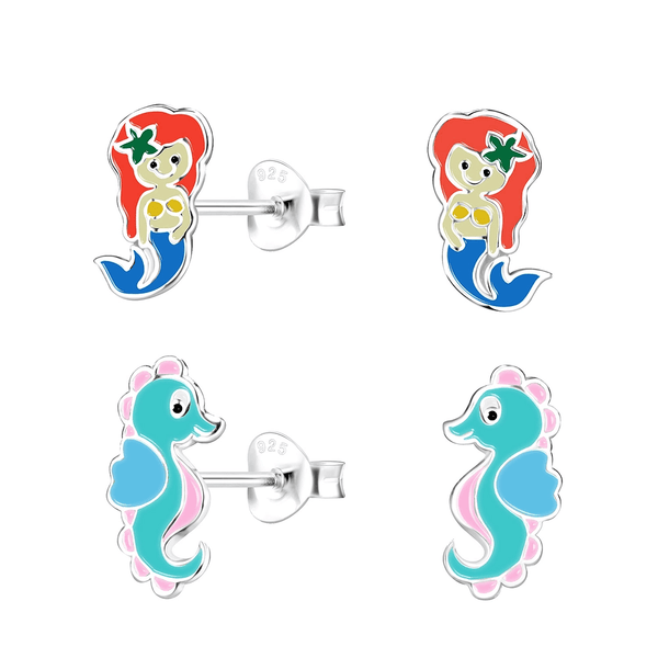 Children's Sterling Silver Set of 2 Pairs of Ocean Themed Stud Earrings