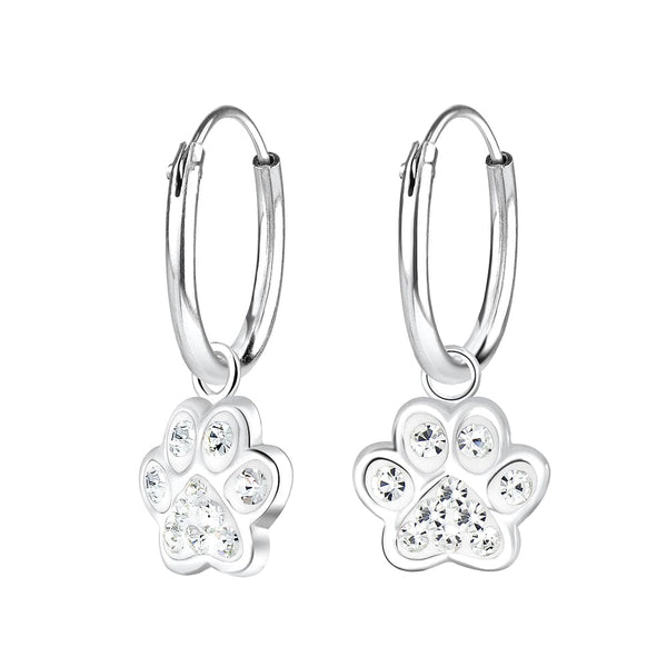 Children's Sterling Silver 'Clear Crystal Paw' Hoop Earrings