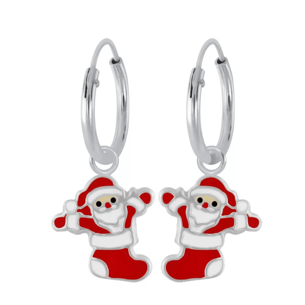 Children's Sterling Silver Christmas 'Santa in Stocking' Hoop Earrings