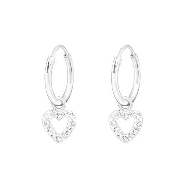Children's Sterling Silver 'Clear Diamante Crystal Open Heart' Hoop Earrings
