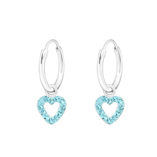 Children's Sterling Silver 'Aqua Blue Diamante Crystal Open Heart' Hoop Earrings
