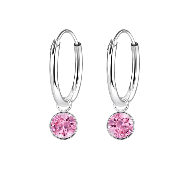 Children's Sterling Silver Pink Crystal Charm Hoop Earrings