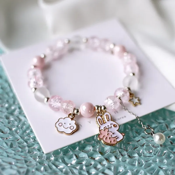 Children's 'Easter Bunny with Carrot' Pale Pink Stretch Bead Bracelet