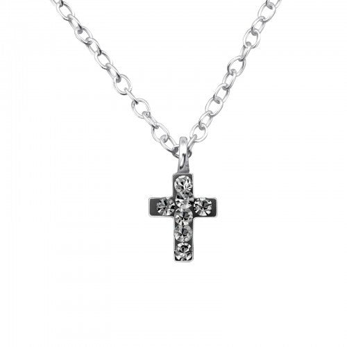 Children's Sterling Silver Black Diamond Crystal Cross Necklace