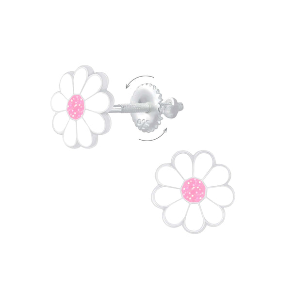 Children's Sterling Silver 'White and Pink Flower' Screw Back Stud Earrings