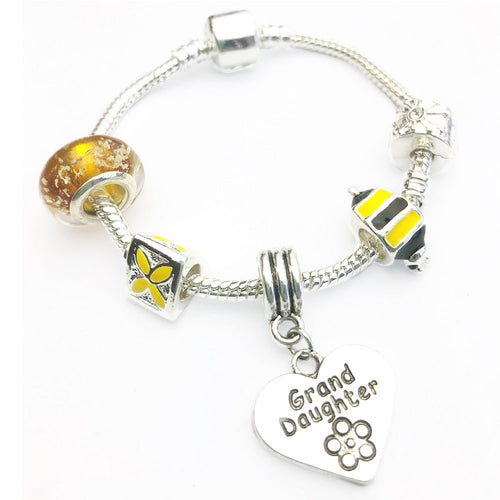 Children's Granddaughter 'Bee Happy' Silver Plated Charm Bead Bracelet