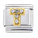Stainless Steel 9mm Shiny 'Crystal Letter T' Link for Italian Charm Bracelet