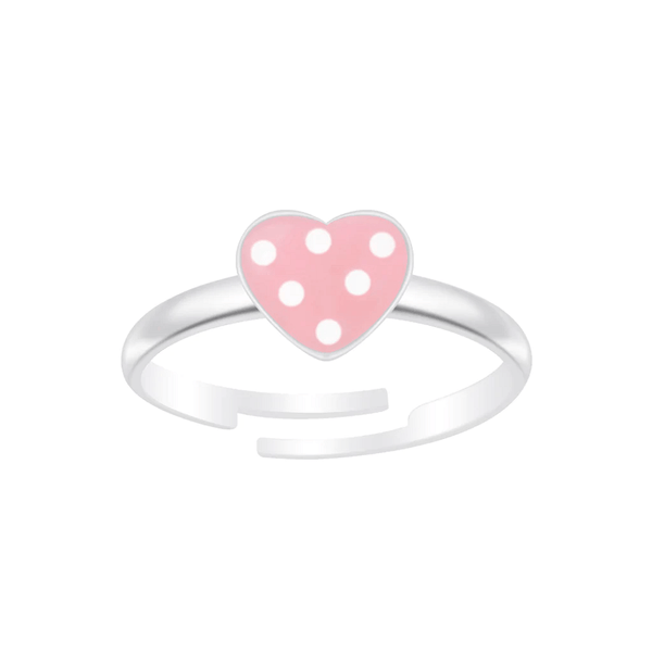 Children's Sterling Silver Adjustable Pink Polka Dot Heart Ring