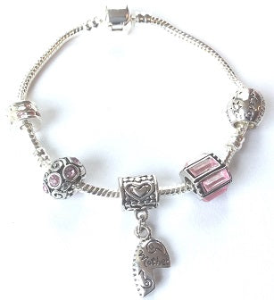 Adult's 'Mother Half Heart Pink Sparkle' Silver Plated Charm Bracelet
