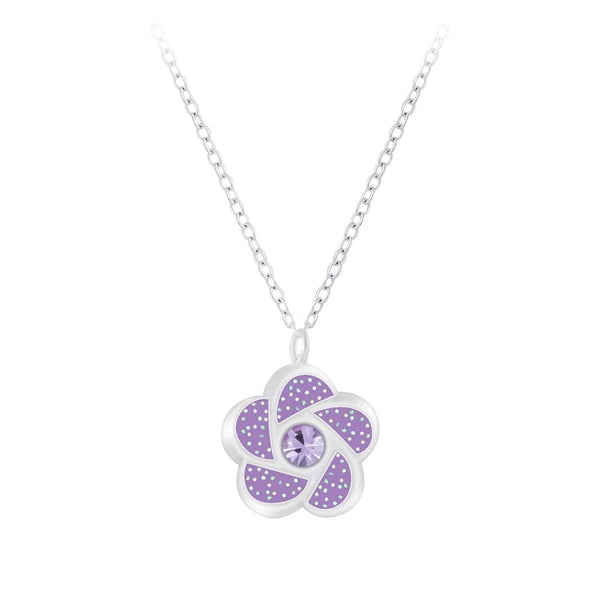 Children's Sterling Silver 'Purple Glitter Flower' Pendant Necklace