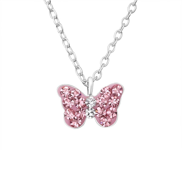 Children's Sterling Silver 'Pink Sparkle Butterfly' Crystal Pendant Necklace