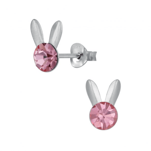 Adult's/Teen's Sterling Silver 'Pink Crystal with Bunny Rabbit Ears' Easter Stud Earrings