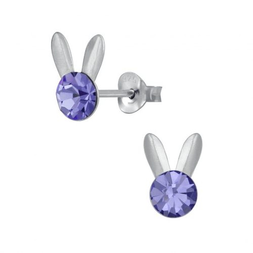 Adult's/Teen's Sterling Silver 'Purple Crystal with Bunny Rabbit Ears' Easter Stud Earrings