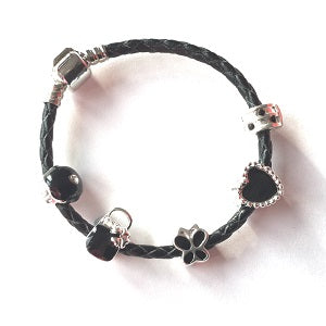 Children's 'Simply Black' Silver Plated Black Leather Charm Bead Bracelet