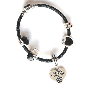 Children's Granddaughter 'Simply Black' Silver Plated Black Leather Charm Bead Bracelet