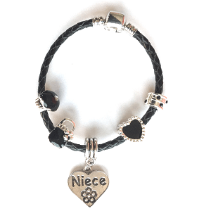Children's Niece 'Simply Black' Silver Plated Black Leather Charm Bead Bracelet