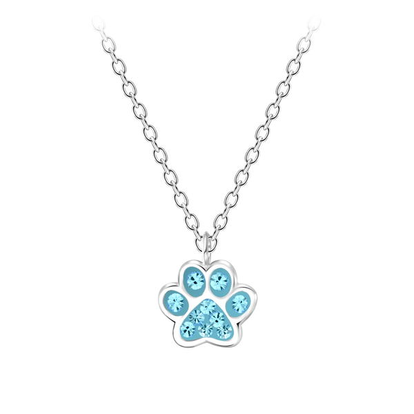 Children's Sterling Silver 'Aqua Blue Crystal Paw' Pendant Necklace