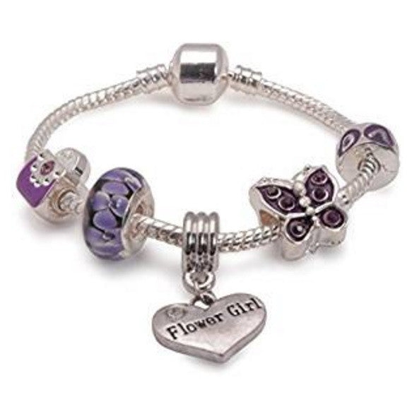 Children's Flower Girl 'Purple Butterfly' Silver Plated Charm Bead Bracelet