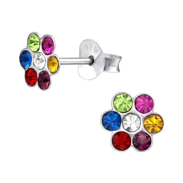 Children's Sterling Silver Multi-Coloured Diamante Flower Stud Earrings