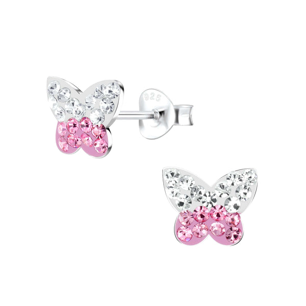 Children's Sterling Silver 'Pink and Clear Sparkle Butterfly' Crystal Stud Earrings