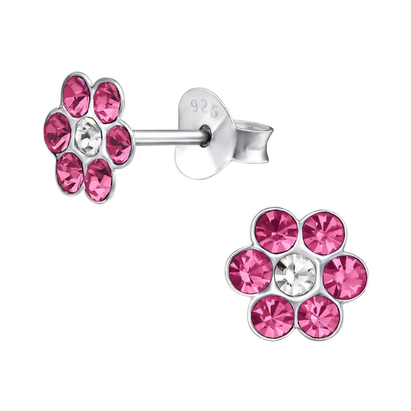 Children's Sterling Silver Pink Diamante Flower Stud Earrings