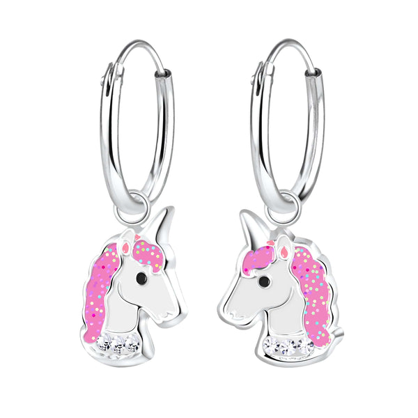 Children's Sterling Silver 'Pink Sparkle Unicorn' Hoop Earrings