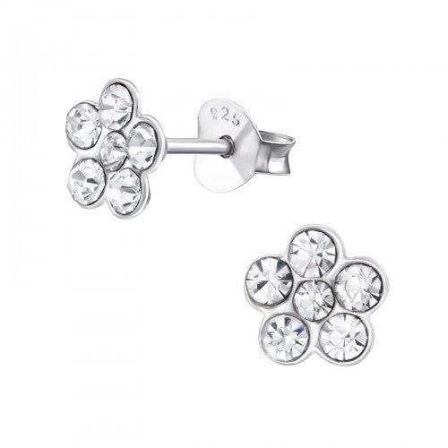 Children's Sterling Silver Clear Diamante Flower Stud Earrings