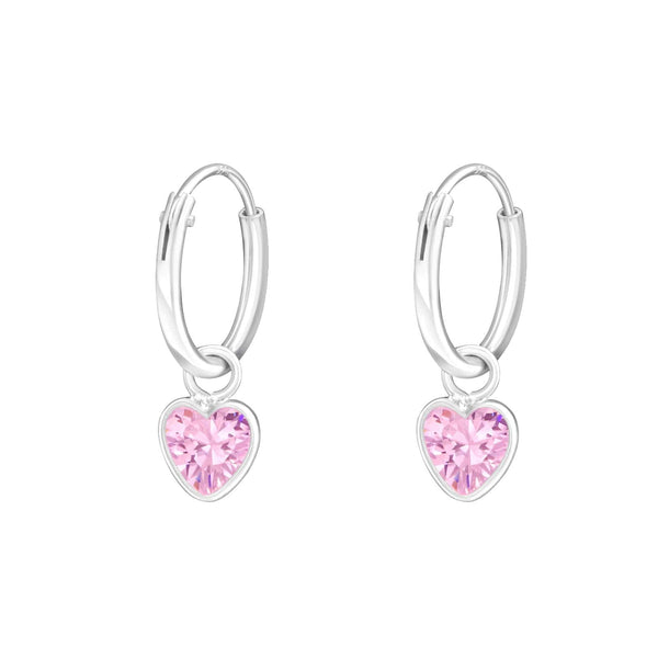 Children's Sterling Silver 'Pink Crystal Heart' Hoop Earrings